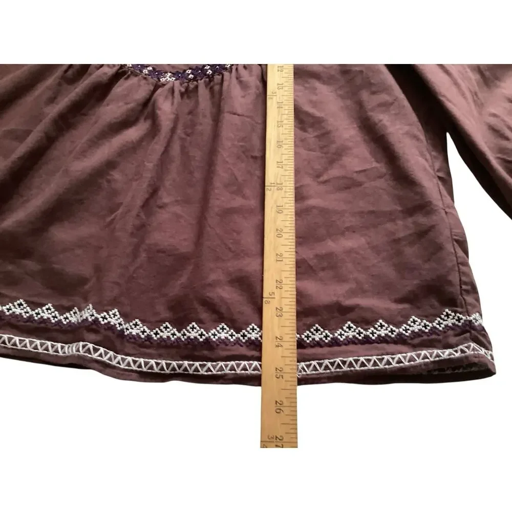Zara Embroidered Beaded Bohemian Blouse Mock Neck Balloon Sleeve Plum Brown XL - Picture 6 of 6